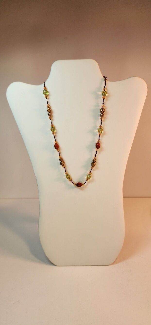 Vintage beaded necklace gold tone bronze green orange amber rust earth colors